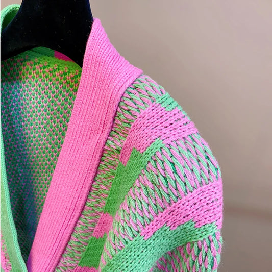 Women Color Block Green Crop  Cardigan High Street Long Sleeve Knit Top Korean Fashion