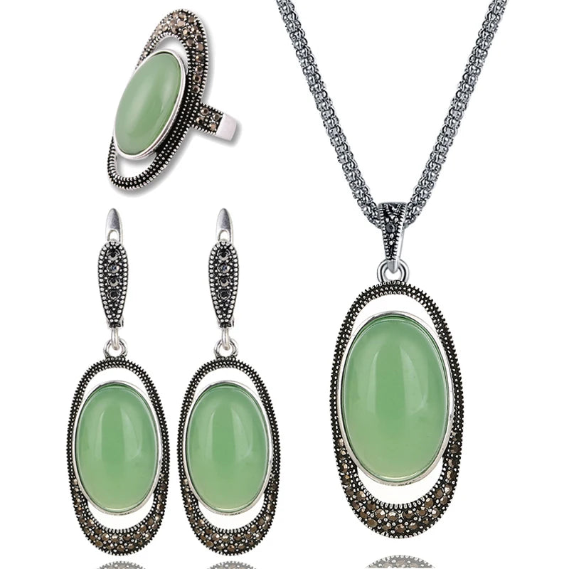 Delicate Green Opal Stone Retro Jewelry Sets Vintage Earrings Necklace for Women