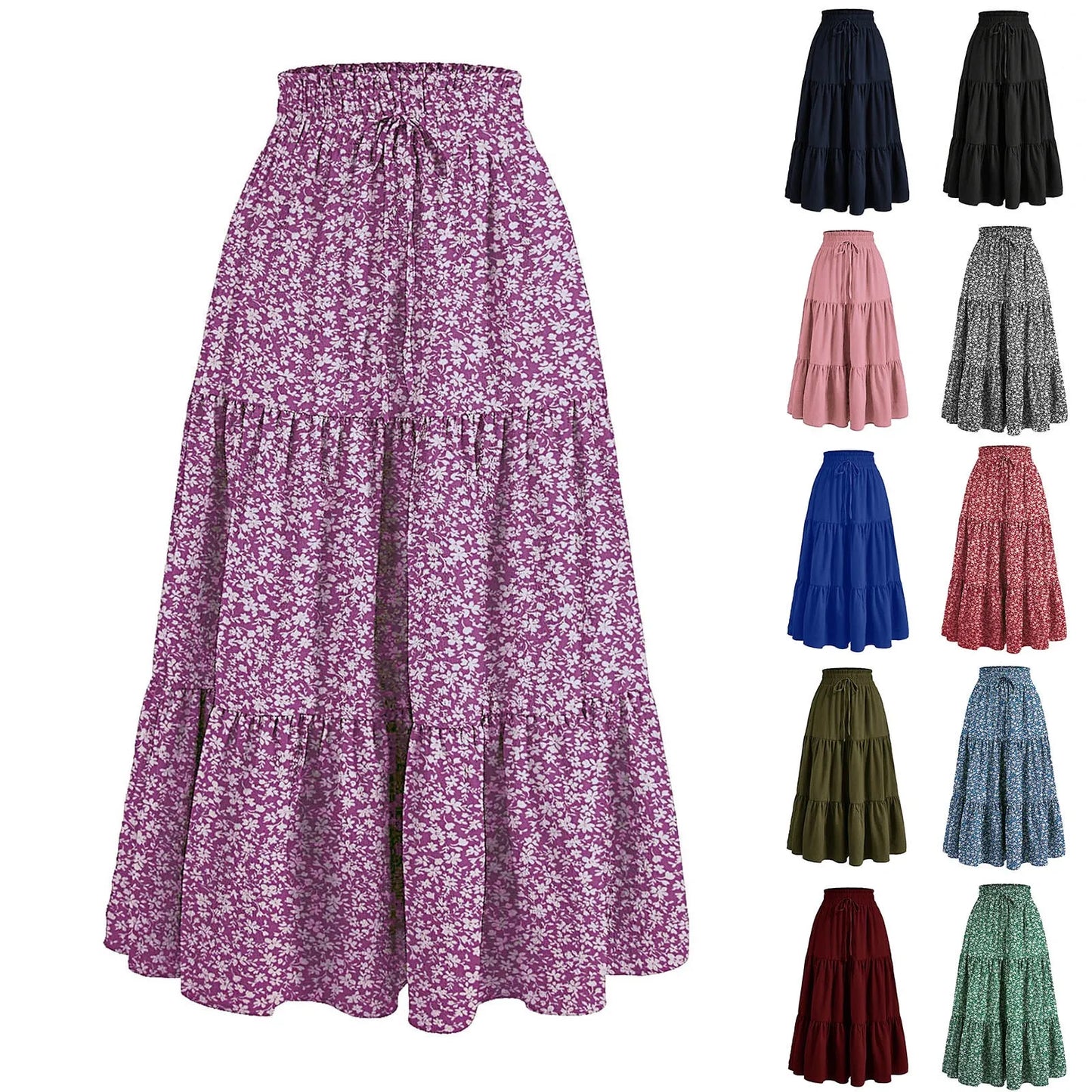 Women'S Boho Vintage Floral Print Maxi Skirt Elastic High Waist Pleated Flowy A Line Long Skirts