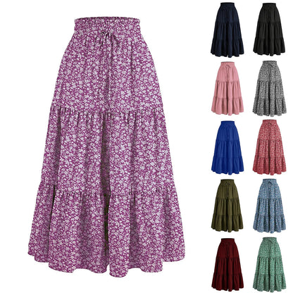 Women'S Boho Vintage Floral Print Maxi Skirt Elastic High Waist Pleated Flowy A Line Long Skirts