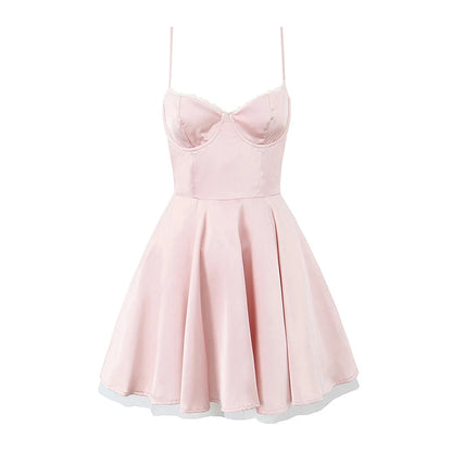 Summer Women Sexy Elegant Sling A-line Mini Dress Birthday Party Satin Dress
