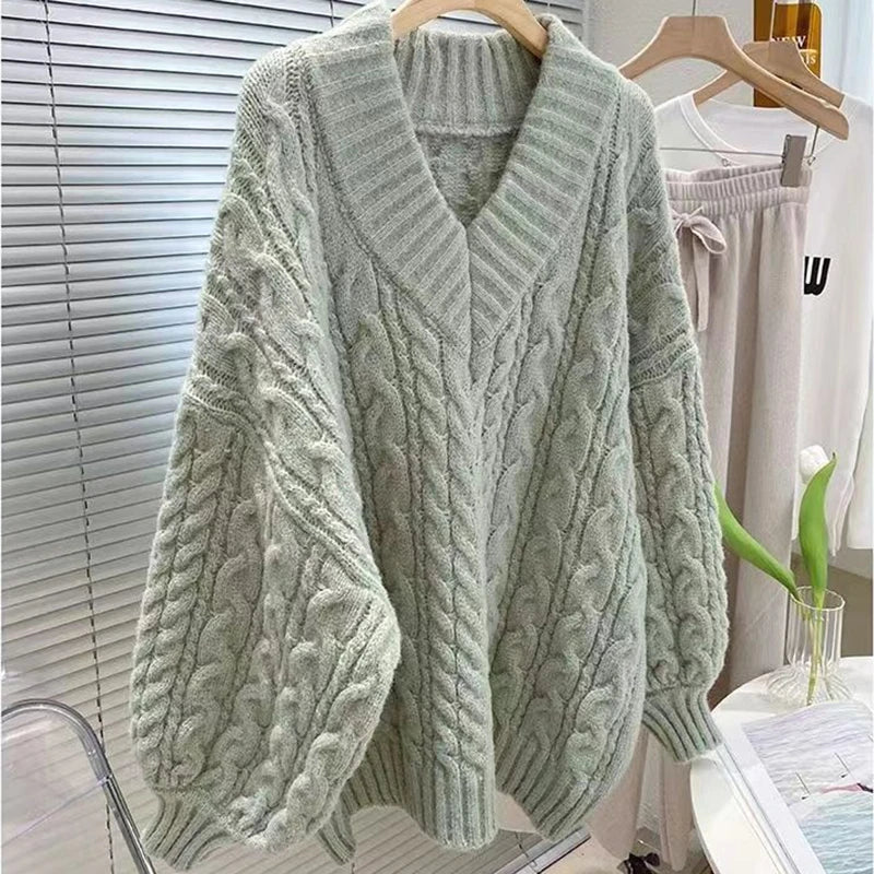Harajuku Women Sweater Cute Oversized Knitted Pullover V Neck Sweater