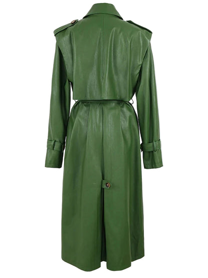 Long Green Pu Leather Trench Coat for Women with Back Slit Sashes Single Breasted