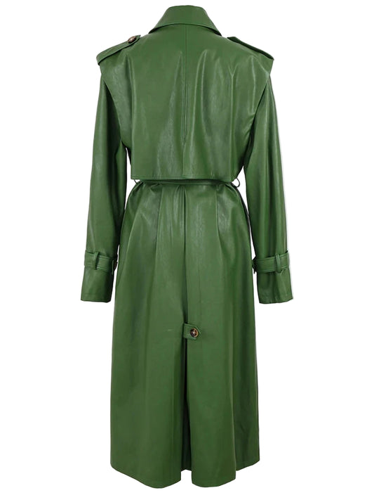 Long Green Pu Leather Trench Coat for Women with Back Slit Sashes Single Breasted