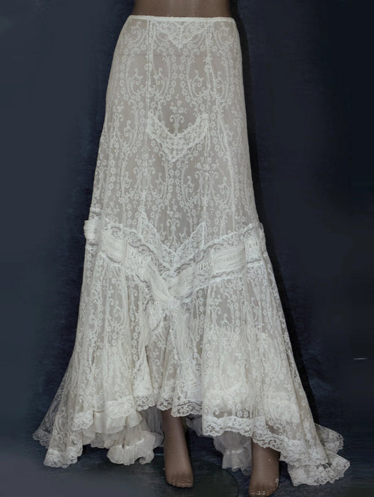 Women High Waist Skirt Elegant Guipure Lace Ruffle Trim Asymmetric Hem Vintage Casual Transparent Maxi Skirt