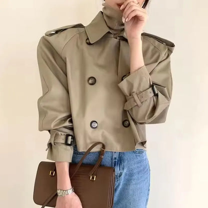 Vintage Double Breasted Crop Jacket Trench Jackets Women Loose Chic Windbreaker