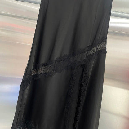 Sexy Asymmetrical Long Skirts Lace Hem Satin Skirt for Women