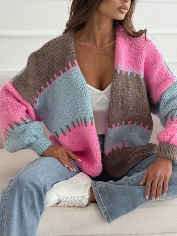 Women's contrasting casual lantern sleeve cardigan sweater Knit wear