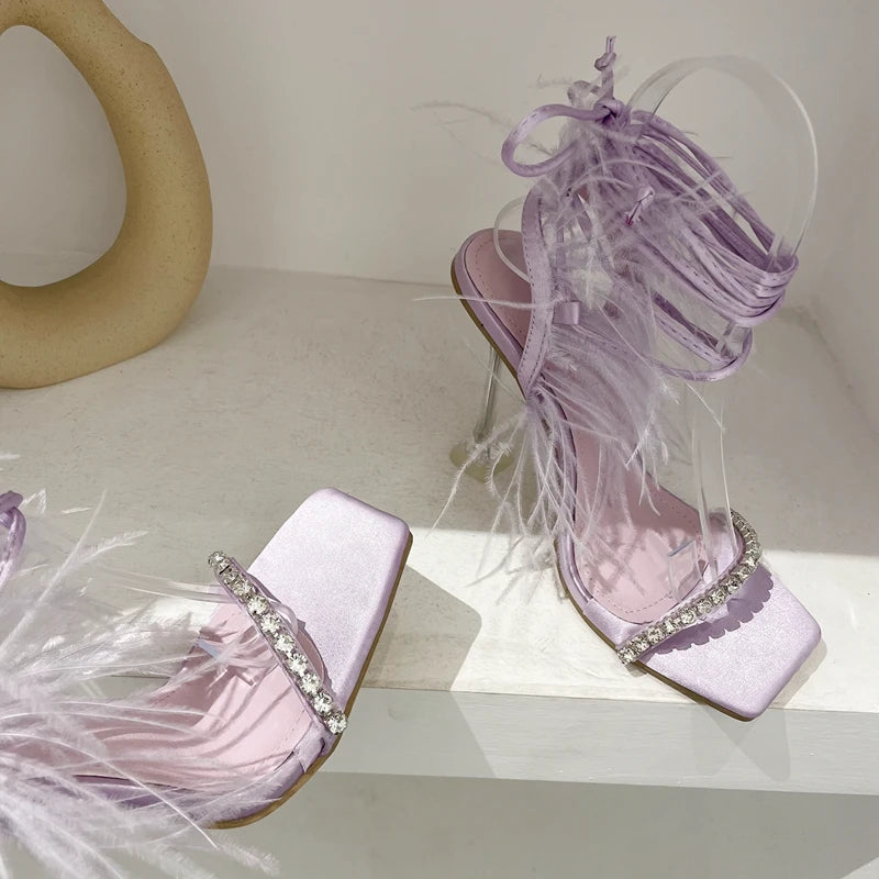 Summer Rhinestone Feather Women Sandals Lace-up Cross-Tied Sexy Gladiator Square Toe Heels