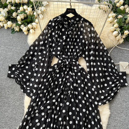 Women Elegant Long Flare Sleeves Vintage Bow neck Bow Loose Midi Dress