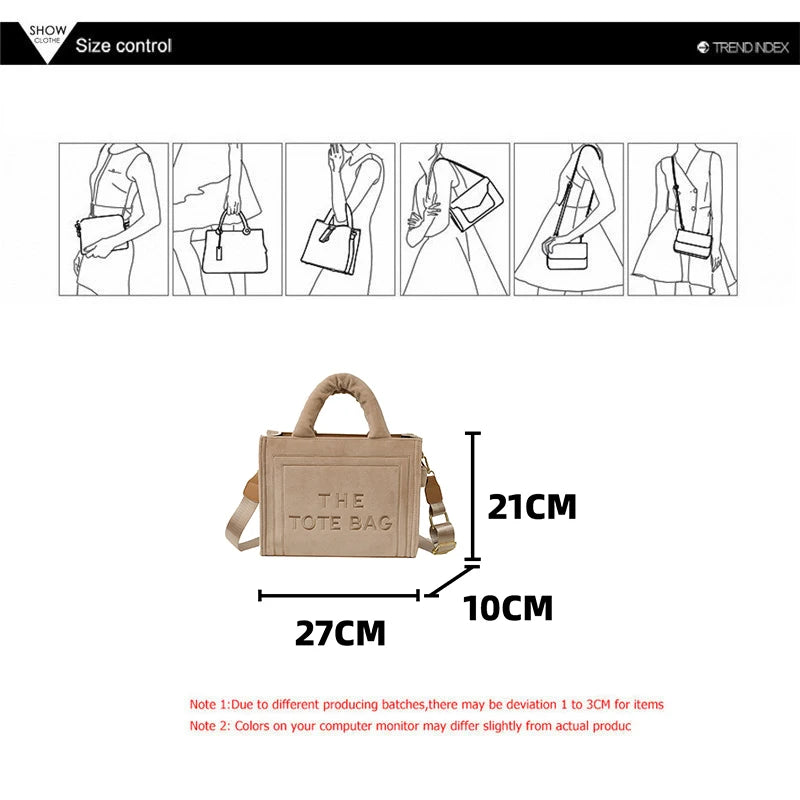 Women's Khaki Velour Tote Bag Original Letter Print Shopper Handbag