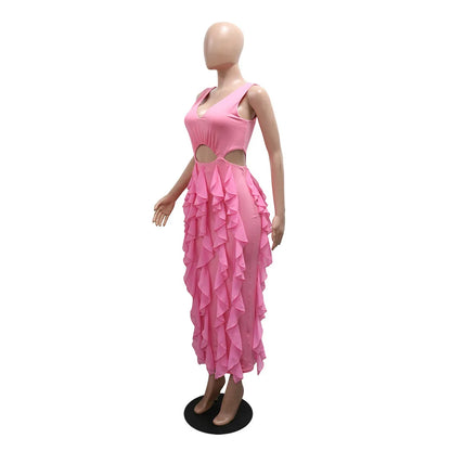 Wedding Guest Dress Women Sleeveless V-neck Ruffle Bodycon Midi Dress Birthday Outfit