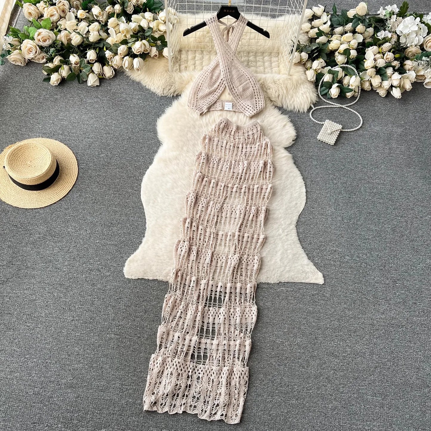 Hollow Out Female Beach Suits Fashion Cross Halter Camis+Split Long Skirt Two Piece Set Vacation Sets