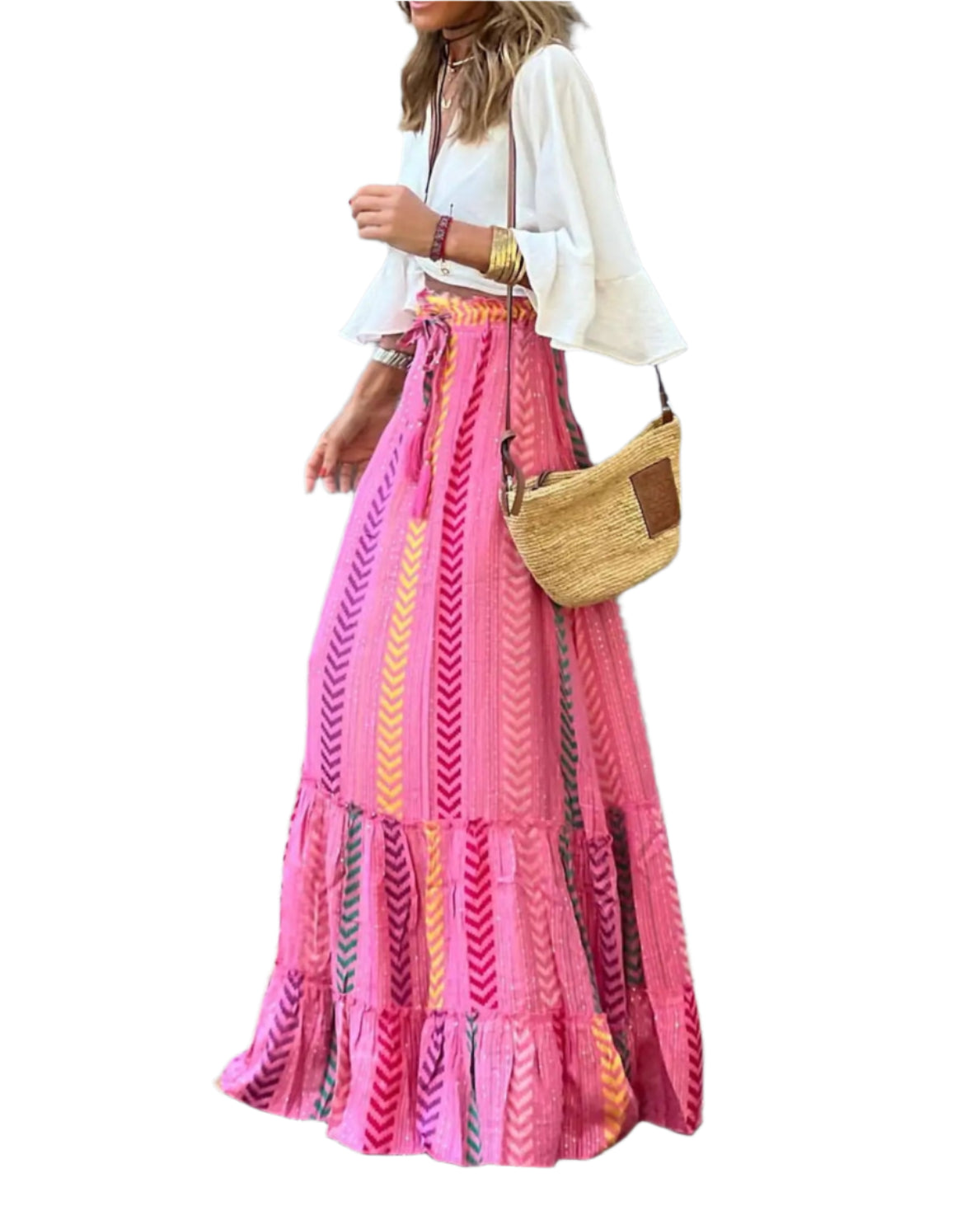 Bohemian Style Printed A-line Skirt Women Fashion Beach Vacation Loose Drawstring Ruffles Skirts Female  Summer New Streetwear