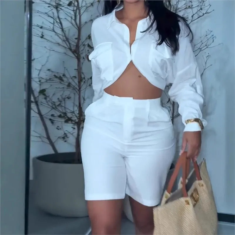 Women Temperament Elegant Shirt 2-piece Shorts Set White Long Sleeve midriff-baring Blouse High Waist Shorts Sets