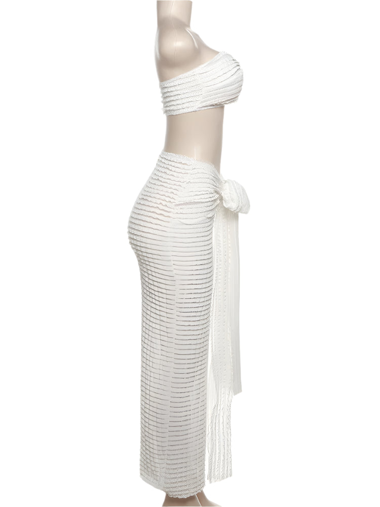 Stacked Folds Two Piece Set Women Solid Thin Strapless Chest Tops+ Slim Skirts Female Vacation Outfit