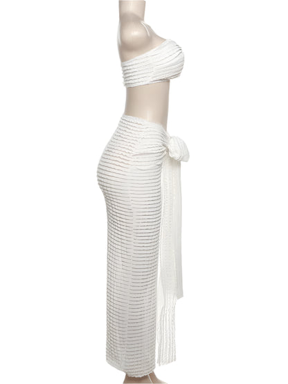 Stacked Folds Two Piece Set Women Solid Thin Strapless Chest Tops+ Slim Skirts Female Vacation Outfit