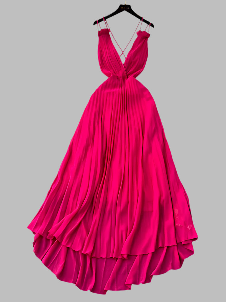 Summer Dress Sexy A Line Dress Deep V Neck Sling Cross Ruffles Backless Pleated Solid Women Long Dress