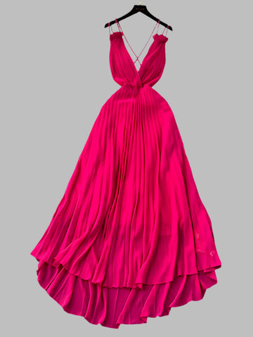 Summer Dress Sexy A Line Dress Deep V Neck Sling Cross Ruffles Backless Pleated Solid Women Long Dress