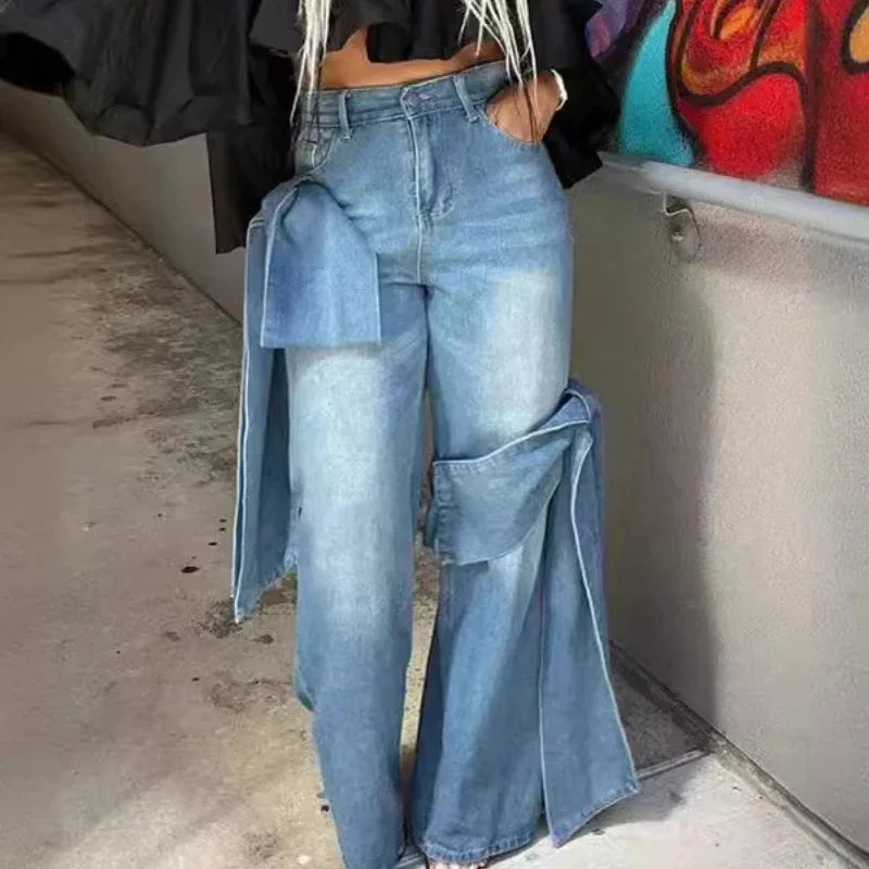 Jeans Women Bow Denim Wide Leg Floor Length Pant Y2k Mom Jeans