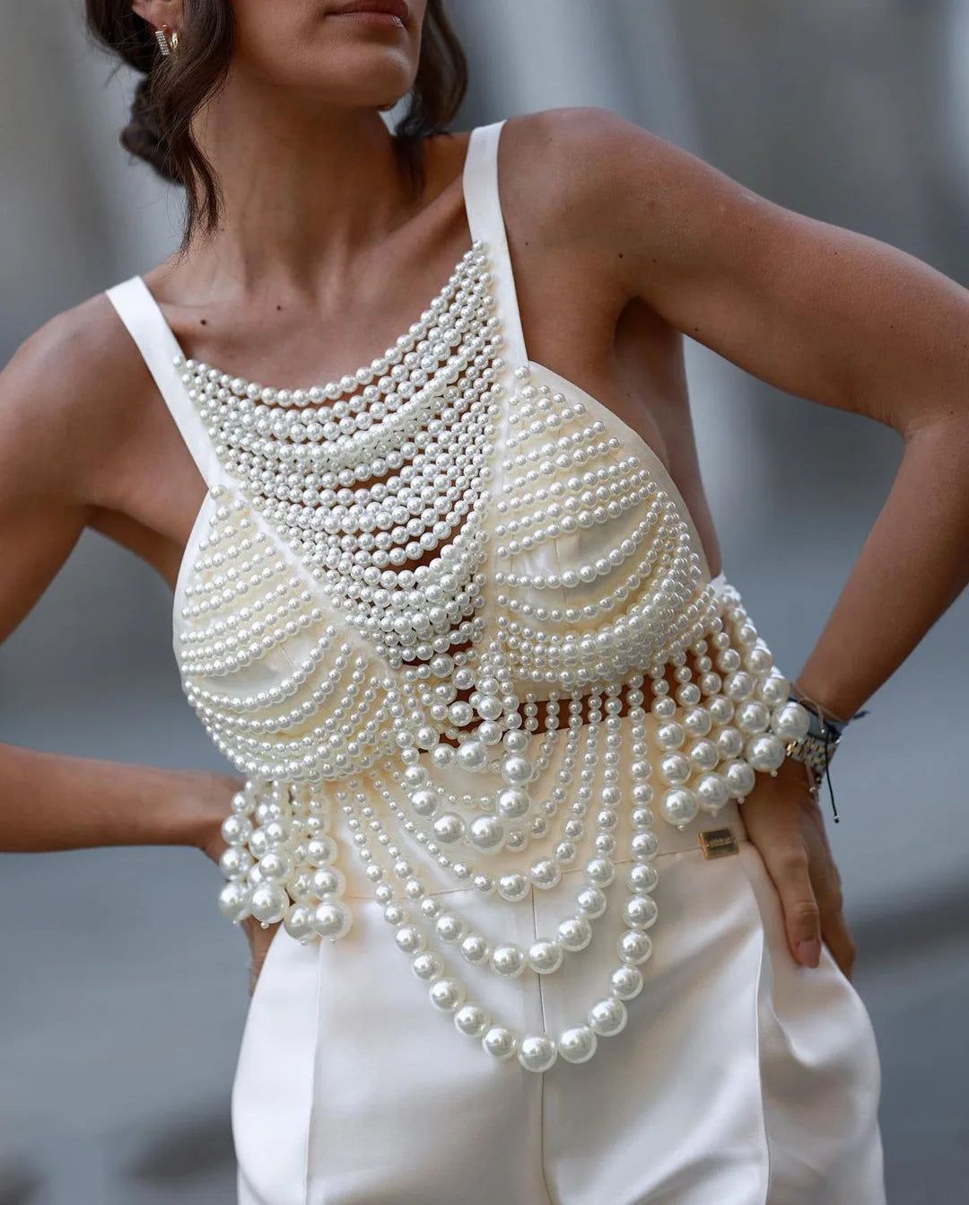 Chic Pearl Beading Tops Women V-neck Handmade Bra Top Vest Tops