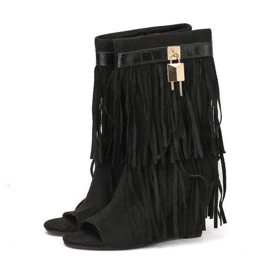Fringe Wedge High Heel Boots Women Open Toe Wedge Boots
