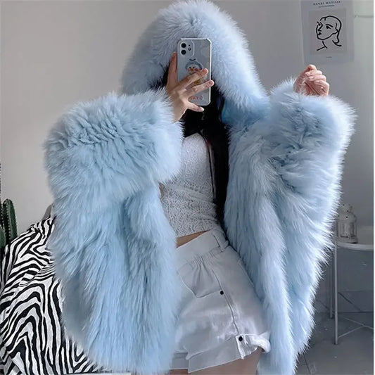 Faux Fur Jackets for Women Hooded Coats Warm Thick Fur Coat