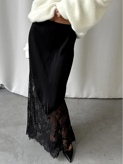 Loose Black Satin Lace Hem Skirt Casual High Waist Ankle Length Skirt