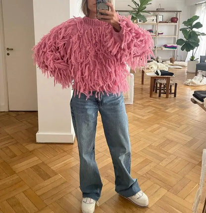 Tassels Design Solid Color Sweater Women Loose Knitted Pullover Jumper