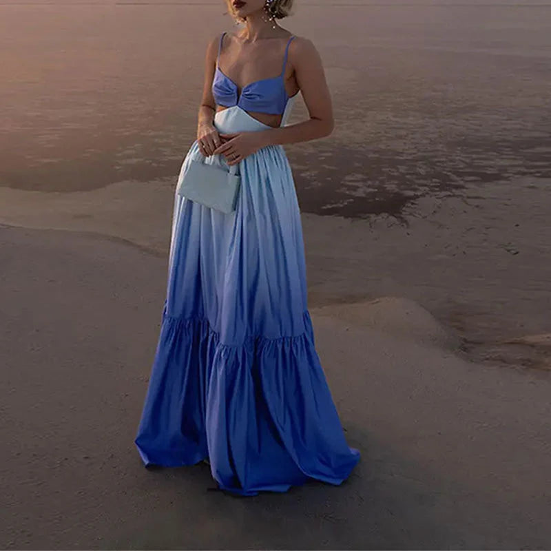 Gradient Color Hollowed Out Pleated Long Big Swing Maxi Dress Sun Dress