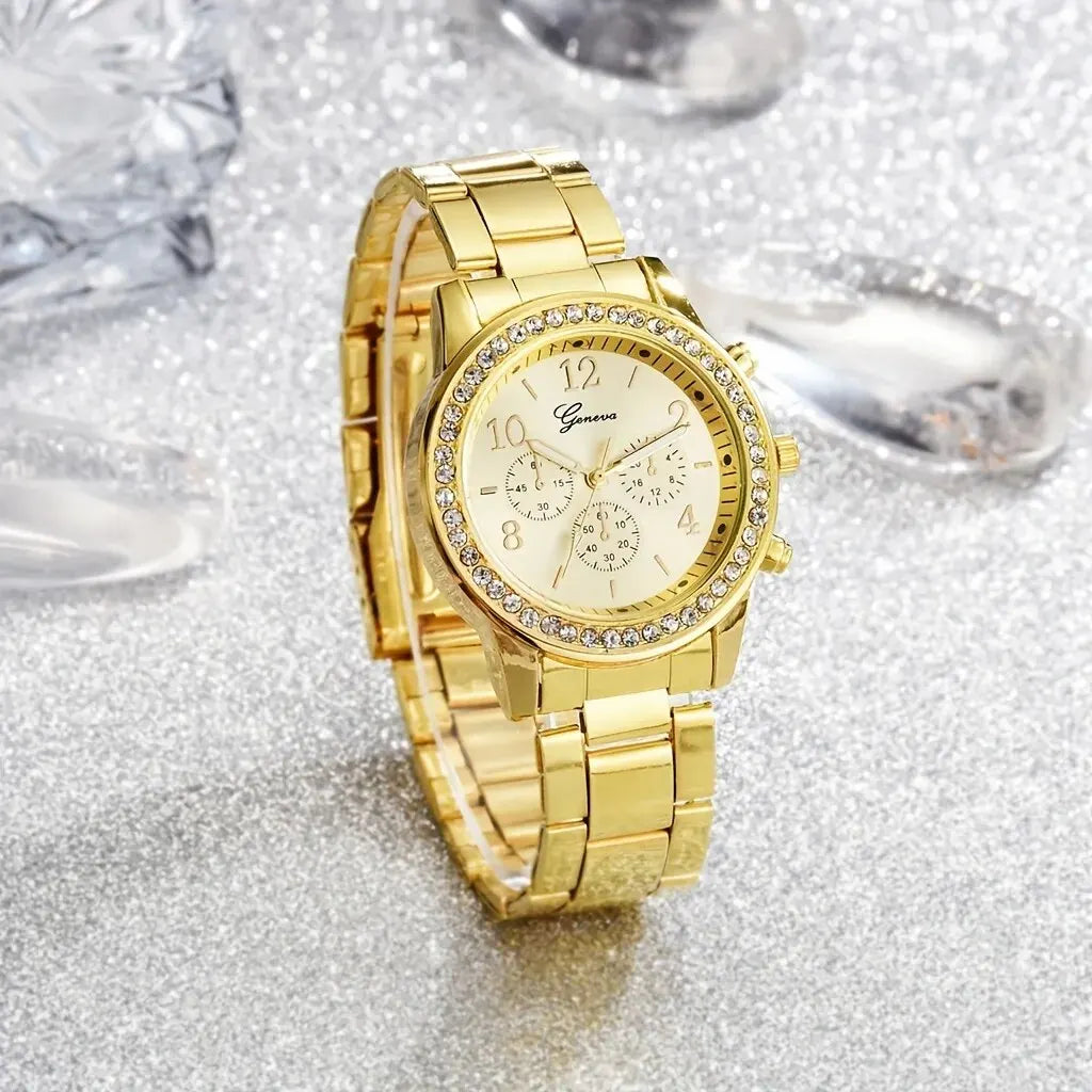 5 PCS Set Gold Watch Women Luxury Ring Necklace Earrings Rhinestone Fashion Wristwatch