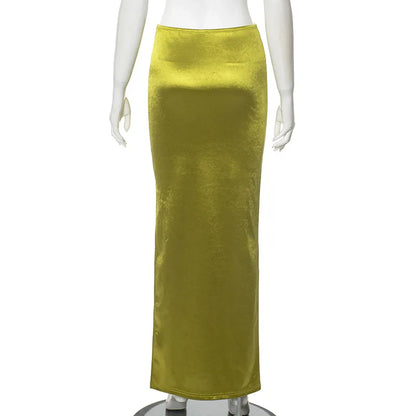 Shiny High Waist Hip Skirt Sexy Side Slit Bodycon Maxi Skirts Club Bottoms