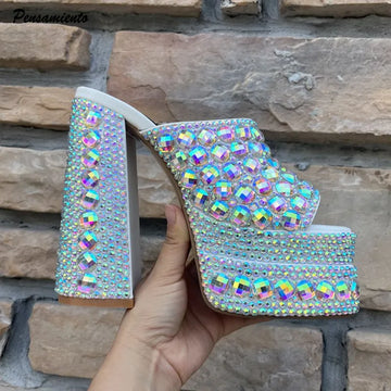 Handmade Full Rhinestones Platform Wedges Women High heels Chunky Shoes