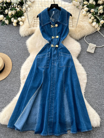 High Waist Elegant Mid-length Denim Dress Hollow Out Hong Kong Style Dress