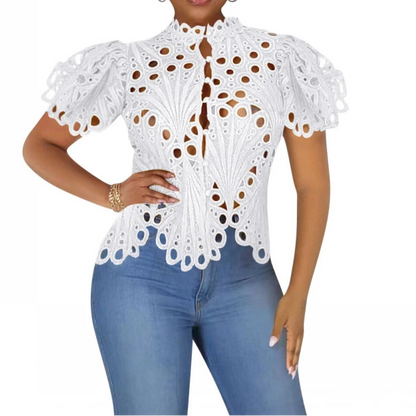 Summer Shirts For Women Elegant Short Sleeve Hollow Out Lace Sheer See Through Top Blouse