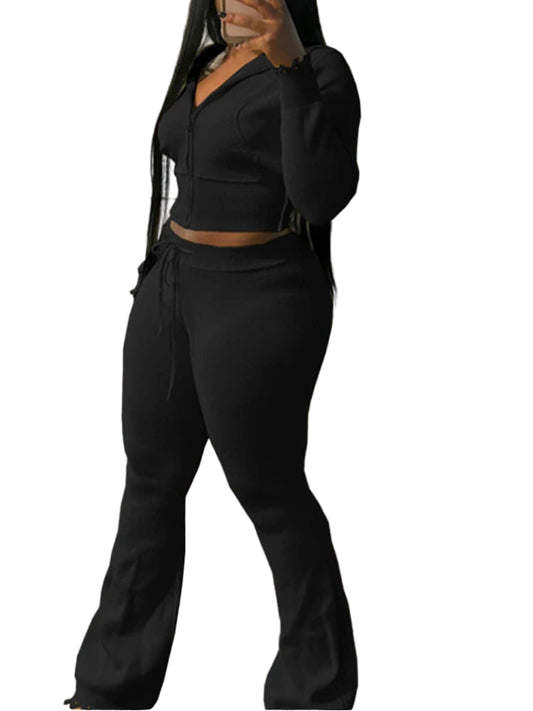 Sporty Casual 2 Piece Set Women Hooded Cardigan Crop Jacket + Drawstring Straight Pants Tracksuit