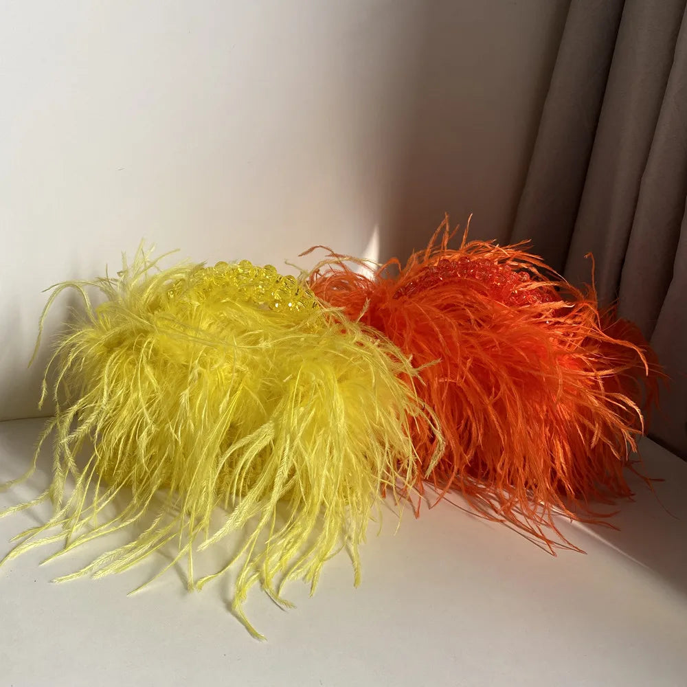 Pearl Bead Bag With Feather Fur Designer Brand Clear Acrylic Crystal Handbag Handmade