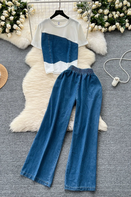 Women Denim pant sets Design Matching Color Short-sleeved T-shirt Tops + High-waisted Casual Pants
