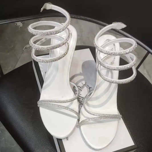 Women Crystal Rhinestone Open Toe Snake Strap High Heels Party Prom Shoes