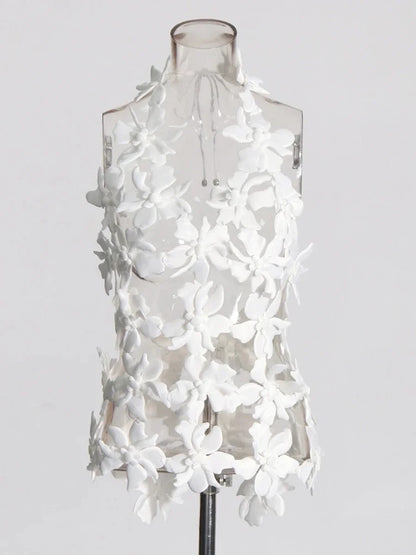 Spliced 3D Flower Cutout Sexy Vest for Women Halter Sleeveless Backless Off Shoulder Patchwork Lace Up Top