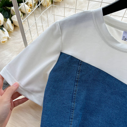 Women Denim pant sets Design Matching Color Short-sleeved T-shirt Tops + High-waisted Casual Pants