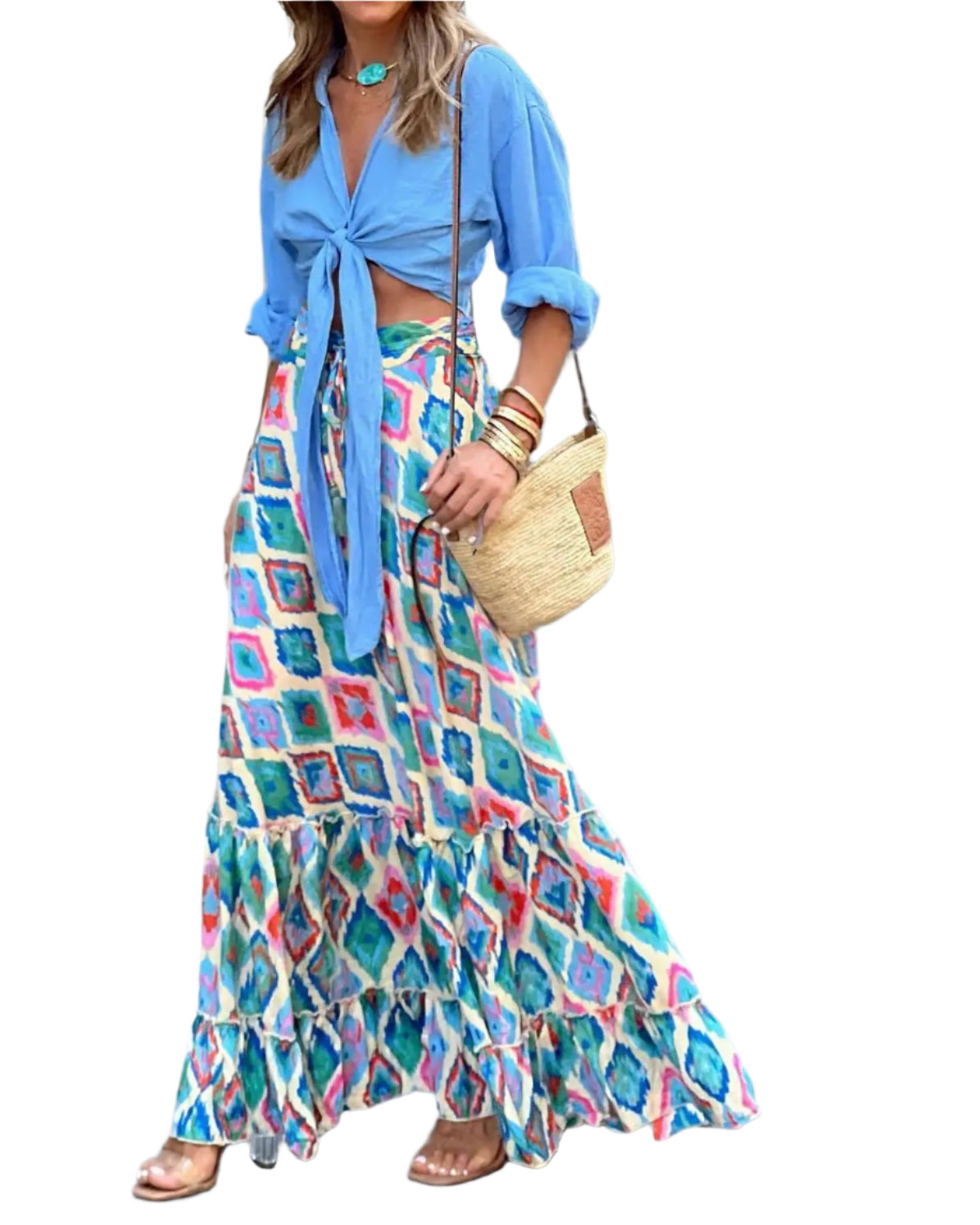Bohemian Style Printed A-line Skirt Women Fashion Beach Vacation Loose Drawstring Ruffles Skirts Female  Summer New Streetwear