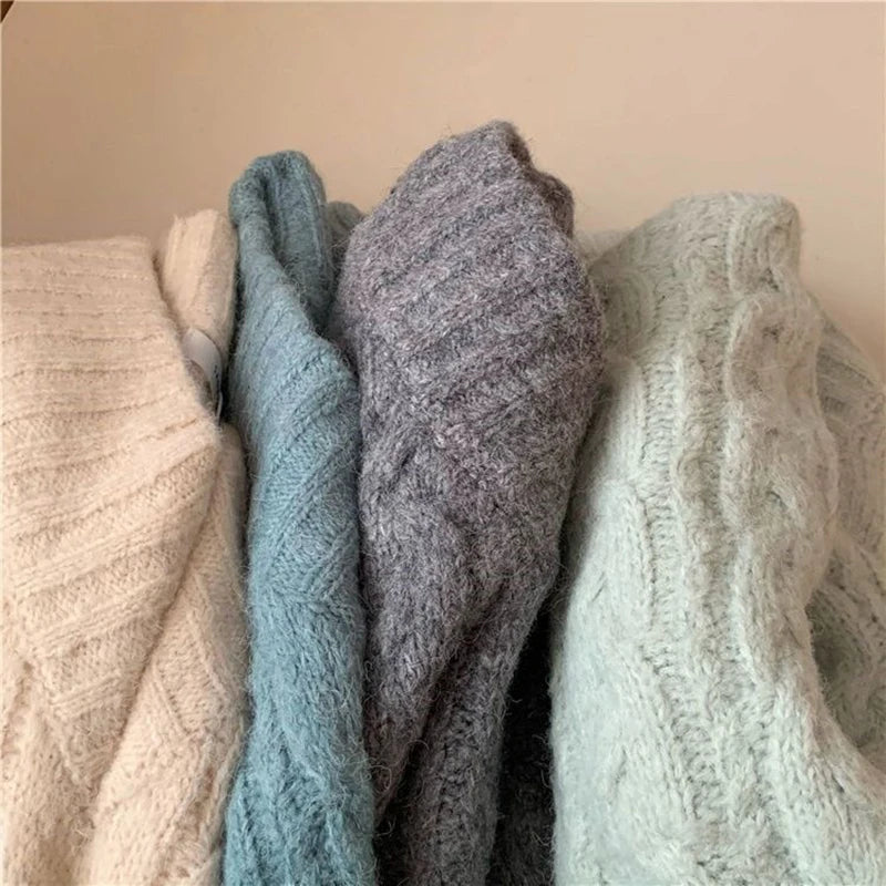 Lantern Sleeve Knit Sweater Women Korean Solid Twist V-Neck Pullover Jumper