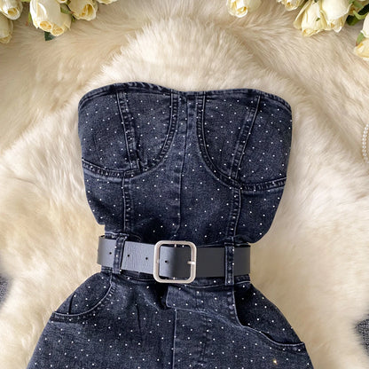 Women Denim One Pieces Summer Playsuit High Waist Slim Sleeveless Strapless Sashes Outfits