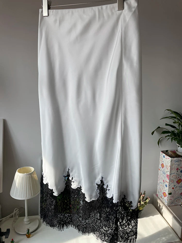 Fairy Lace-Trim Satin Midi Skirt High Waist Elegant Wrapped Hip Long Skirts