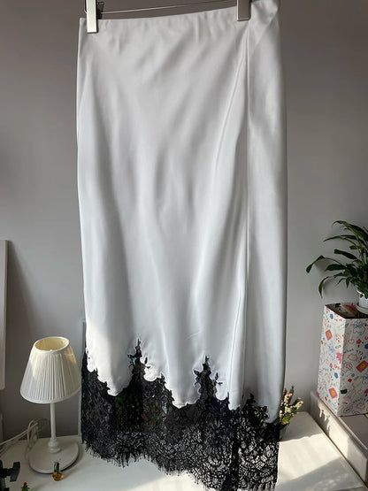 Fairy Lace-Trim Satin Midi Skirt High Waist Elegant Wrapped Hip Long Skirts