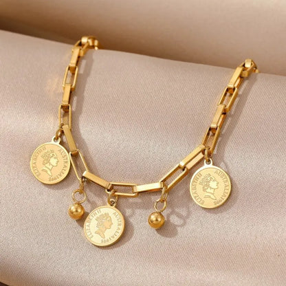 Women 1pcs Gold-color Stainless Steel Round Sign Portrait Pendant Bracelet