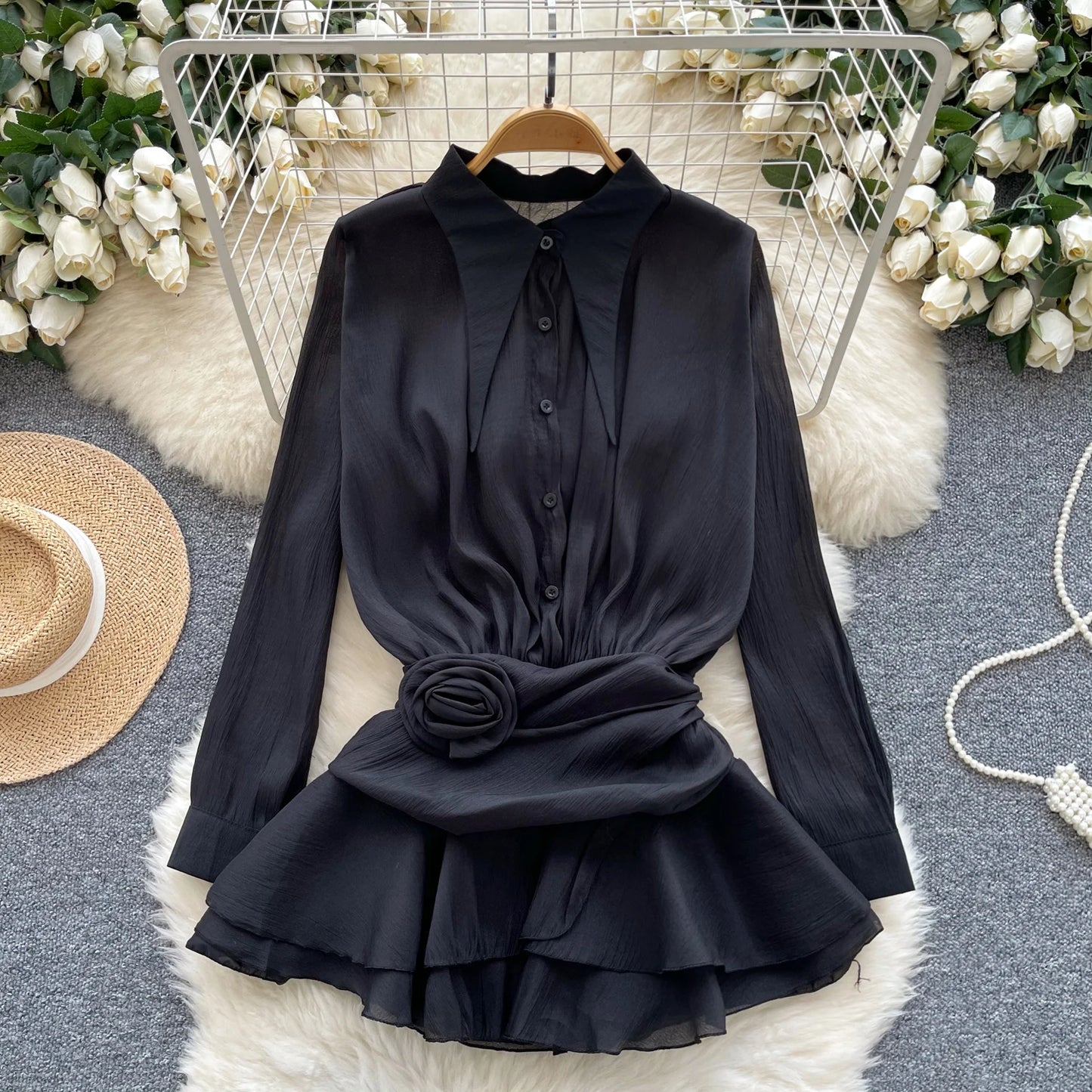 3D Floral Vintage Shirt Women Lapel Neck Long Sleeves Sheer Bohemian Organza Blouse