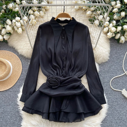 3D Floral Vintage Shirt Women Lapel Neck Long Sleeves Sheer Bohemian Organza Blouse