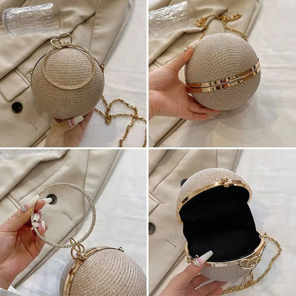Gold Bright Silk Circular Evening Bag Women Banquet Clutch Rhinestone Chain Shoulder Bags